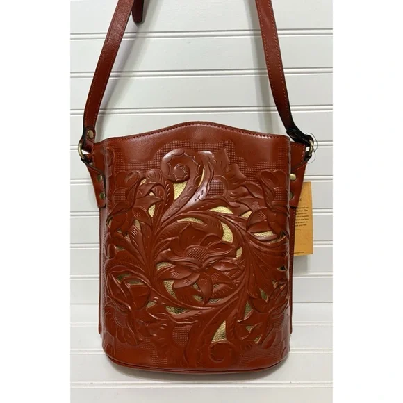 PATRICIA NASH Lavello Cut Out Brown Leather Bucket Crossbody Shoulder Bag NEW - Picture 3 of 11